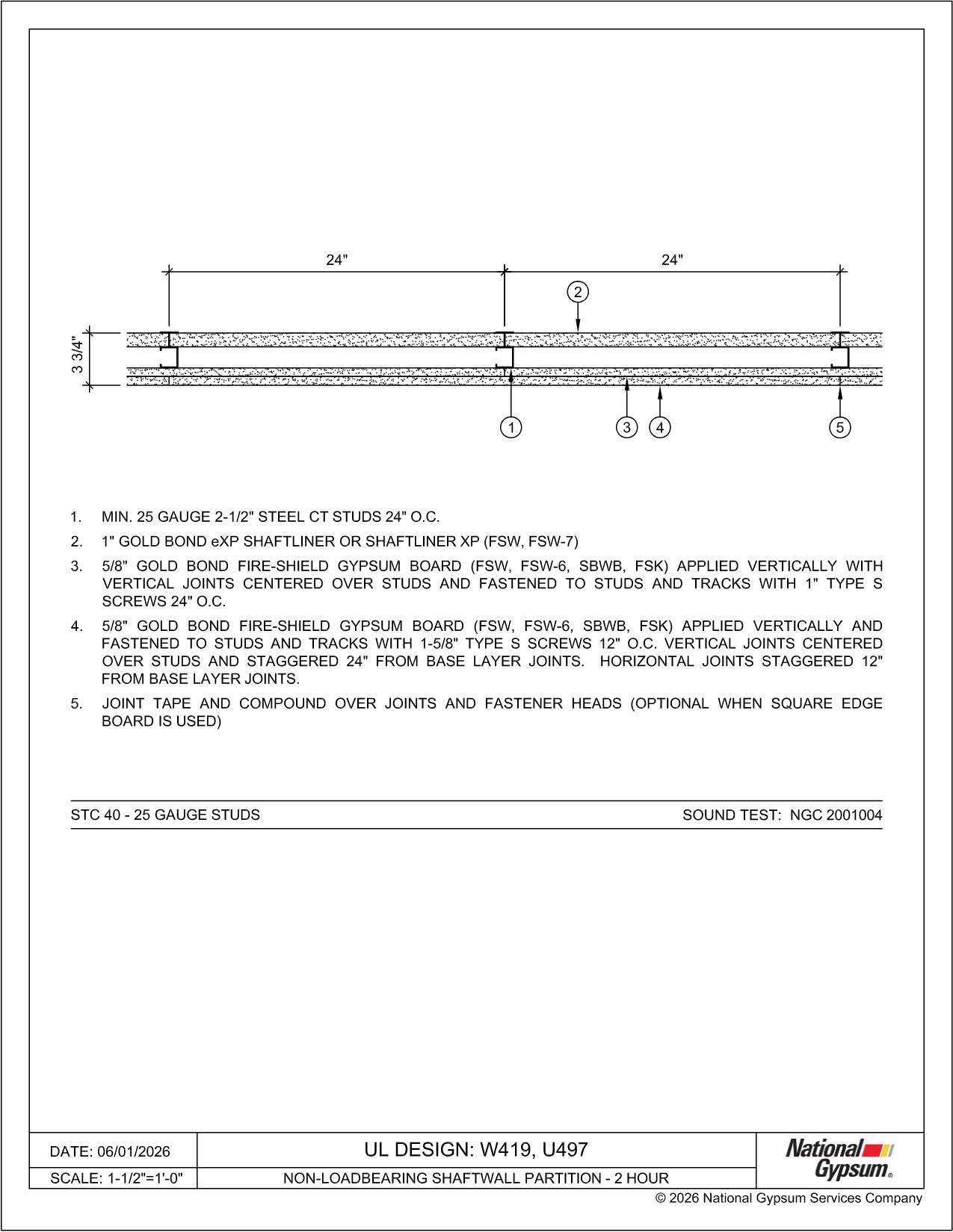 Detail drawing for UL Design W419, U4975, 2-hour non-loadbearing shaftwall partition