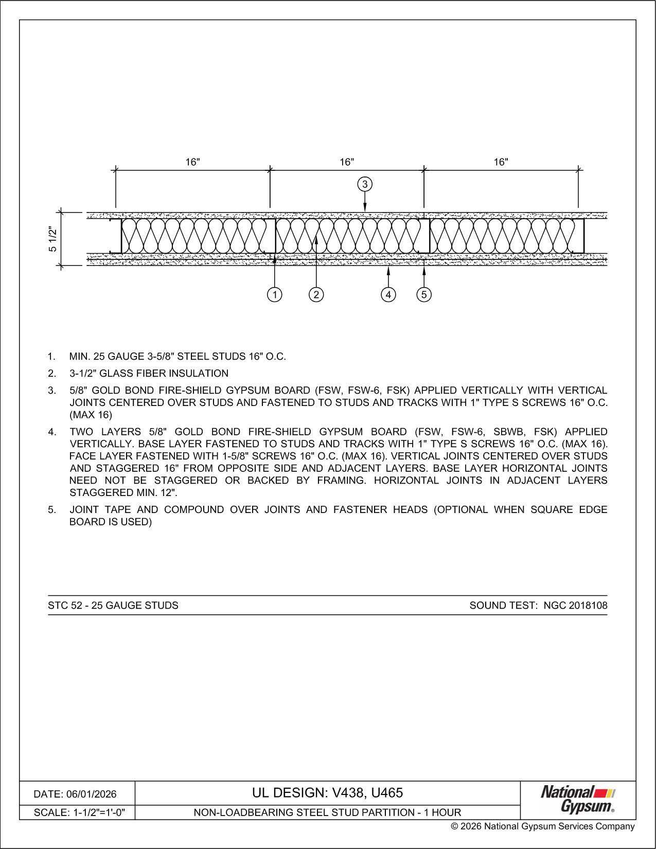 Detail drawing for UL Design V438, U465, 1-hour non-loadbearing steel stud partition