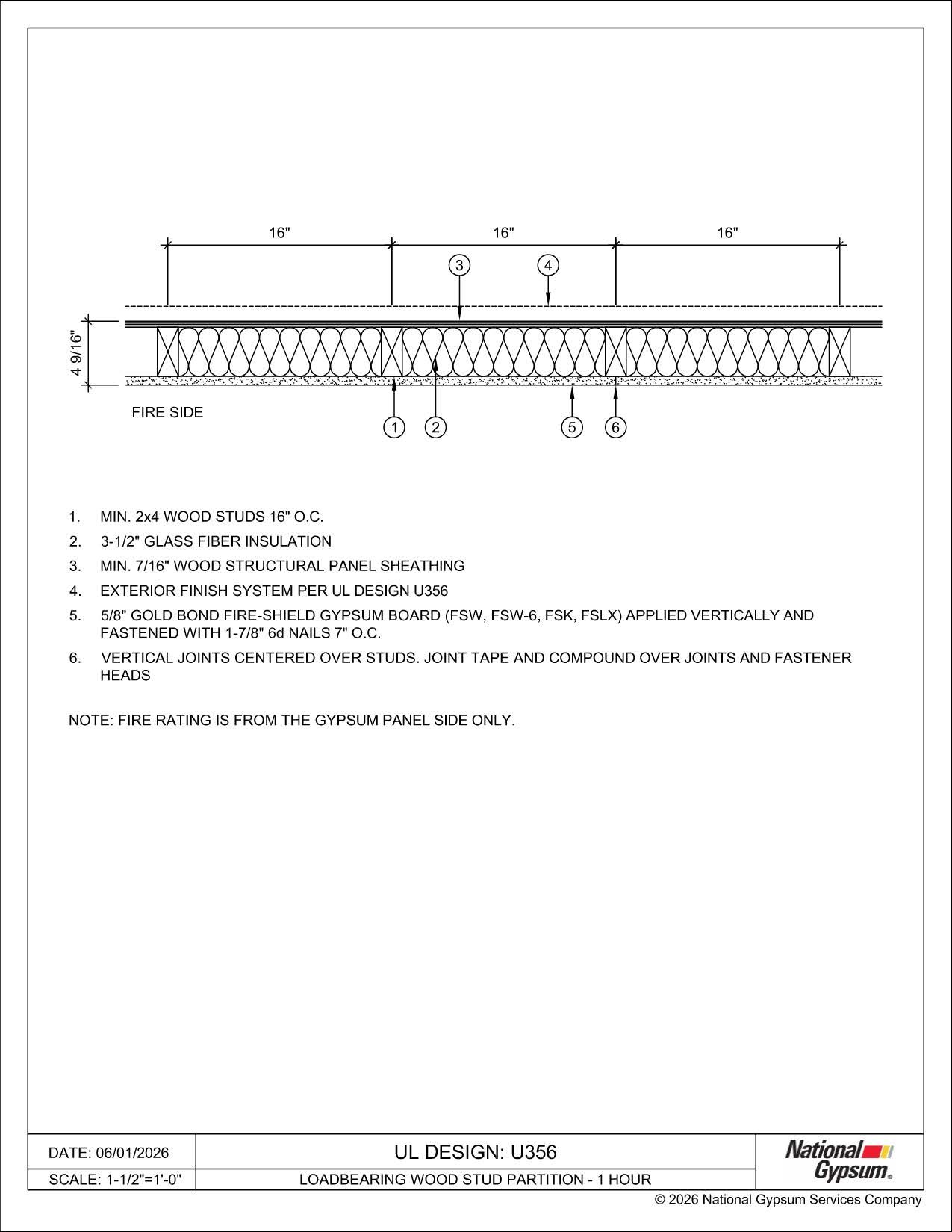 Detail drawing for UL Design U356, 1-hour loadbearing wood stud partition